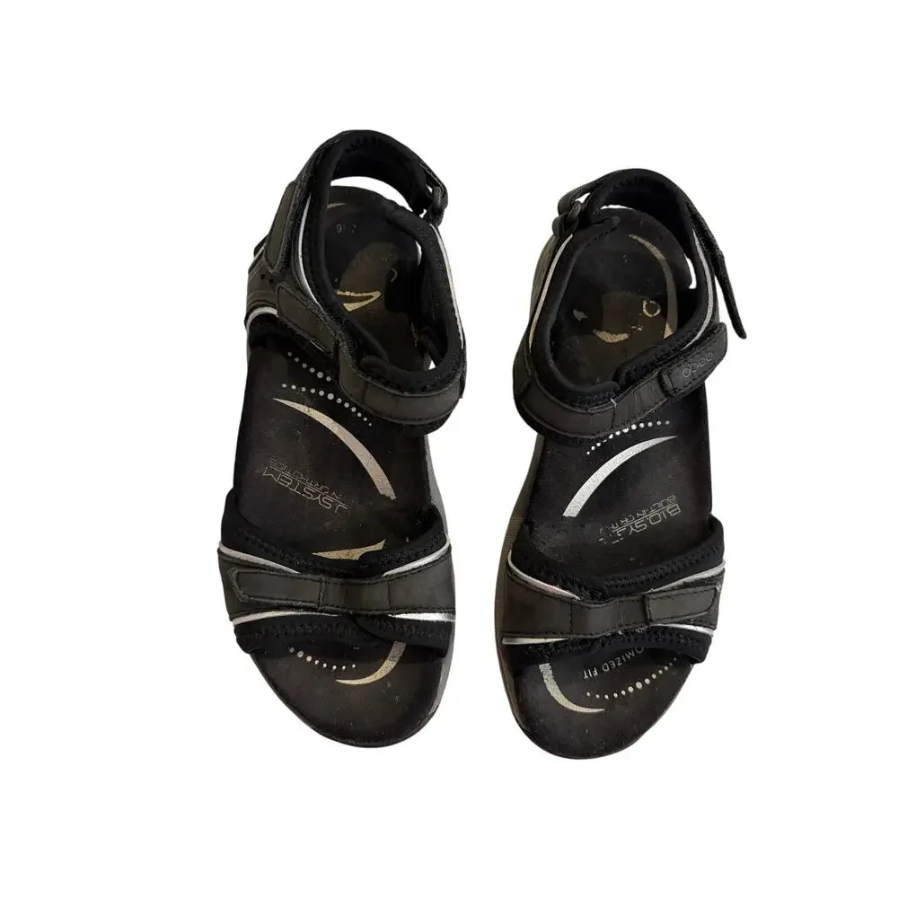 Abeo Goleta Sandals Black Silver Trim Leather Comfort Thong Womens 6 Narrow